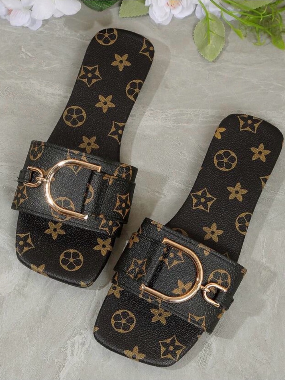 Designer-Inspired Black & Gold Slip-On Sandals